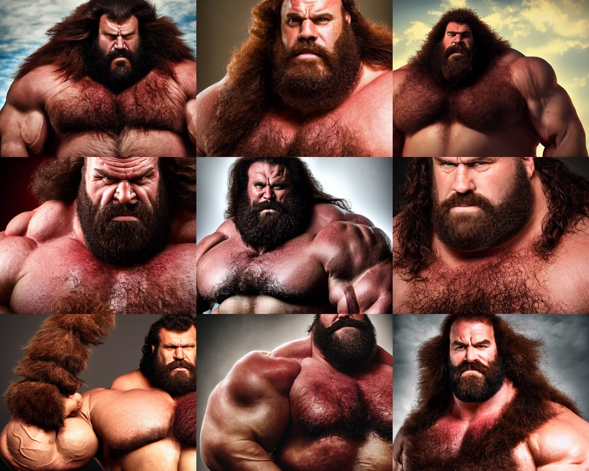 Prompt: portrait of a big hairy thick masculine barbarian strongman king with massive muscle and dark red hair with a blank gaze and drooling, photography, highly detailed, epic, high definition, 4 k, 8 k, dad energy