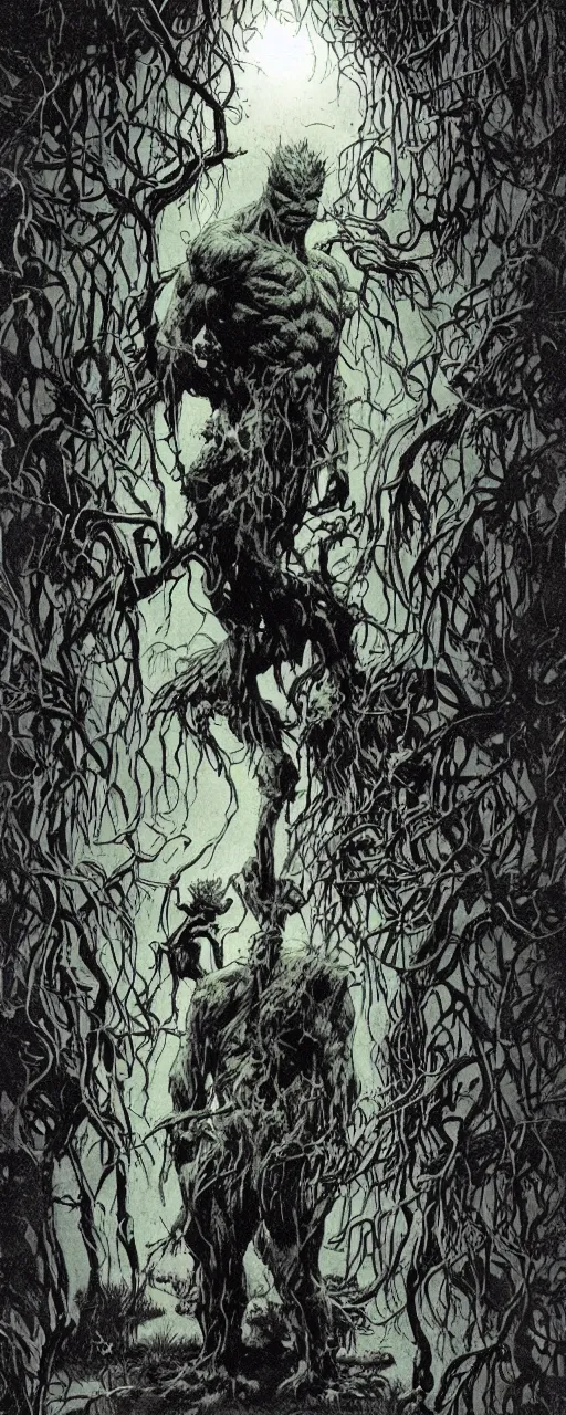 Image similar to swamp thing in a stoic brooding pose, forward angle, dramatic night lighting, by bernie wrightston, mike mignola and bill sienkiewicz, monstrous faces blended in the background scenery, canopy of drippy trees