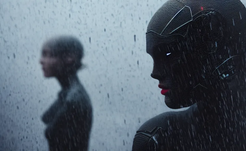 Image similar to cinestill 5 0 d candid photographic portrait by christopher nolan of two loving female androids wearing rugged black mesh techwear in treacherous waters, extreme closeup, modern cyberpunk moody emotional cinematic, pouring rain menacing red spotlight, 8 k, hd, high resolution, 3 5 mm, f / 3 2, ultra realistic faces, ex machina