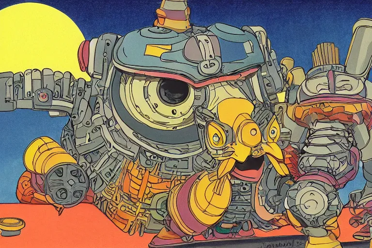 Image similar to illustration of a heavily armoured mechanical duck by studio ghibli, ominous, vivid colors, colorful