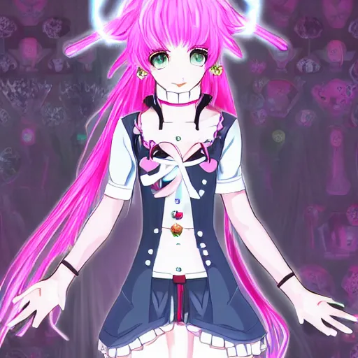 Image similar to trapped by stunningly beautiful omnipotent megalomaniacal anime asi goddess who looks like junko enoshima with symmetrical perfect face and porcelain skin, pink twintail hair and mesmerizing cyan eyes, taking control while smiling mischievously, inside her vr castle, hyperdetailed, digital art from danganronpa, 8 k