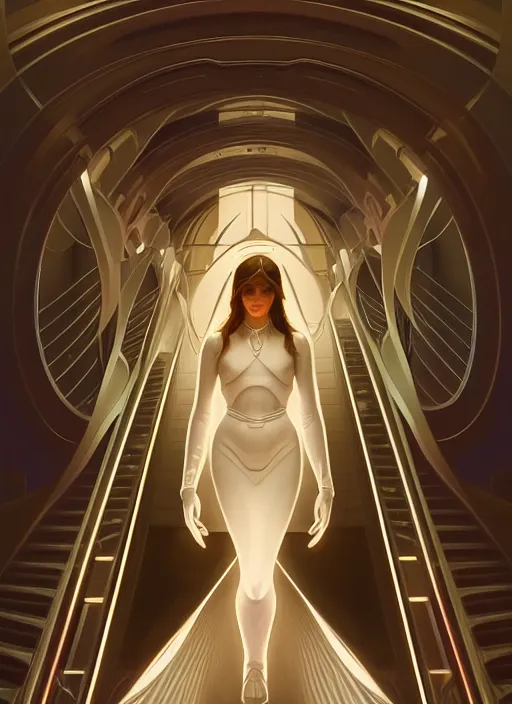 Image similar to symmetry!! portrait bride, going down the stairs, futurism, sci - fi, glowing lights!! intricate, elegant, highly detailed, digital painting, artstation, concept art, smooth, sharp focus, illustration, art by artgerm and greg rutkowski and alphonse mucha, 8 k