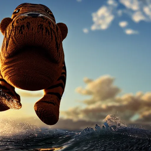 Image similar to a closeup photorealistic photograph of a cute smiling knitted tiger hippopotamus chasing a beachball at sunset. surf in the background. professional capture. this 4 k hd image is trending on artstation, featured on behance, well - rendered, extra crisp, features intricate detail, epic composition and the style of unreal engine.