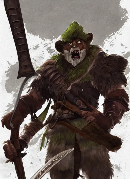 Image similar to strong young man, photorealistic bugbear ranger holding aflaming sword, black beard, dungeons and dragons, pathfinder, roleplaying game art, hunters gear, jeweled ornate leather and steel armour, concept art, character design on white background, by studio ghibli, makoto shinkai, kim jung giu, poster art, game art