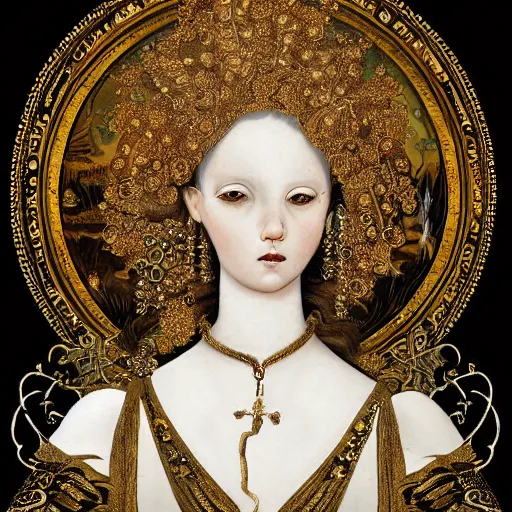 Image similar to a beautiful girl made of ivory and gold, highly intricate, digital art, very detailed, in the style of a weird and dark art noveau flemish painting