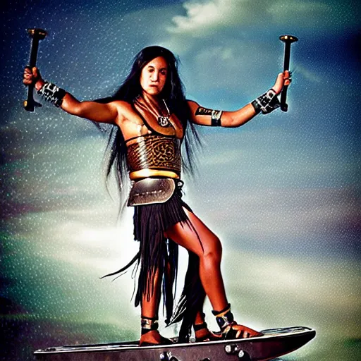 Image similar to Maori warrior princess on ancient steam punk hooverboard, storm outside by david LaChapelle