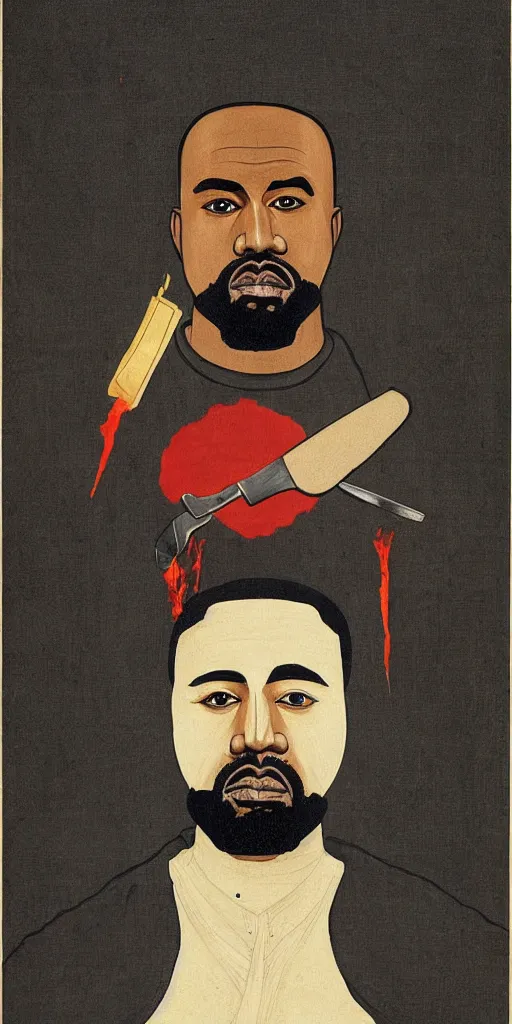 Prompt: a portrait of kanye west with sinister eyes holding a knife with blood on it, ukio-e style, hieronymus bosch and beeple, symmetrical