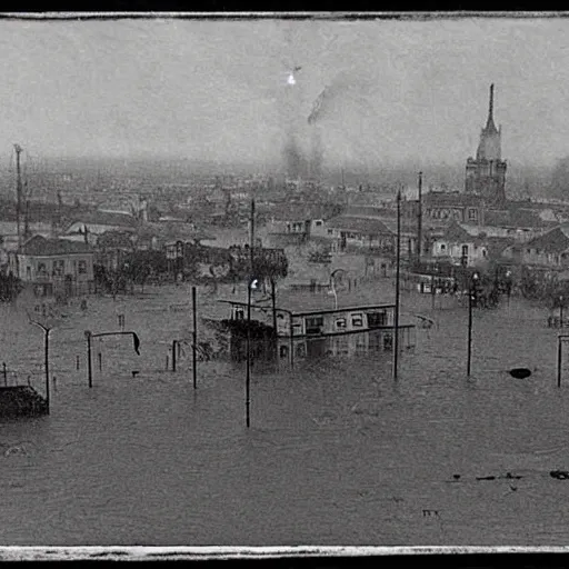 Prompt: grainy 1800s photo of a city being flooded by mud