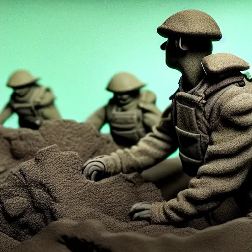 Image similar to war in the trenches claymation by jan svankmejer, hyperrealistic, aesthetic, masterpiece