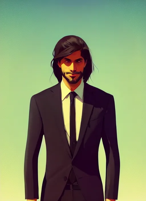 Prompt: a man in his twenties, the indians ， handsome, long hair, suit ， perfect face, symmetric eyes, sharp focus, specular reflection, occlusion shadow, artstation, by ilya kuvshinov and jeremy lipking, light novel cover art, 3 d epic illustrations, symmetric body