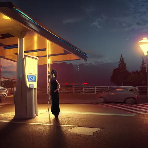 Image similar to Woman on gas station at night, beautiful dynamic lighting, cinematic, wide angle establishing shot, extremely high detail, photo realistic, cinematic lighting, post processed, concept art, artstation, matte painting, style by frederic church, raphael lacoste, unreal engine 8k