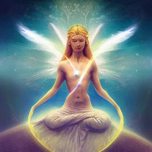 Image similar to elven angel meditating in space, halo, light shafts, wisps, sandstorm, light diffusion, godly, ascending, by moebius, digital art, beautiful, sacred, holy, surreal, fantasy art, oasis, by durer, durer, fairies, surreal alien kingdom, ancient civilization, alien language, space civlization