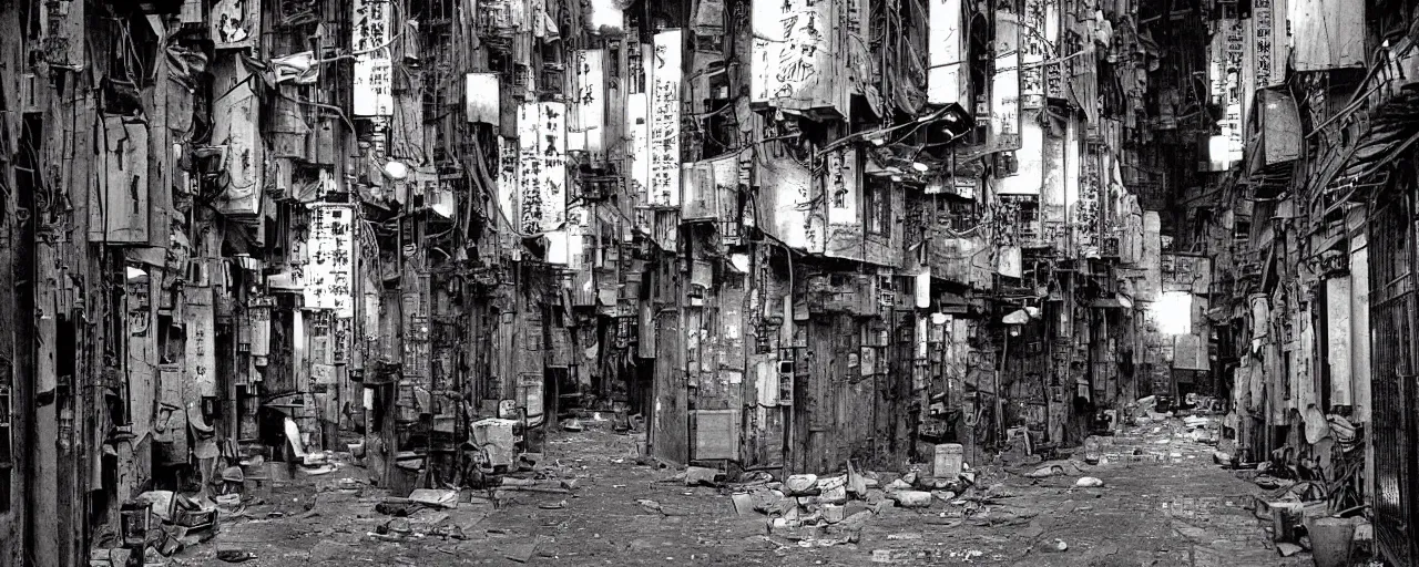 Prompt: digital painting, wideangle view of a narrow alley in kowloon walled city, dirty, sodium lights, , evening, cinestill, art by jean giraud