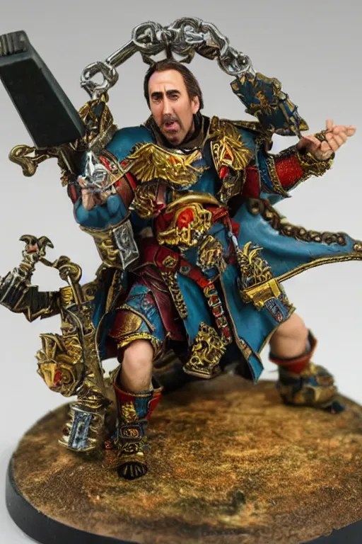 Image similar to Nicholas Cage as a detailed painted Games Workshop miniature, studio lighting