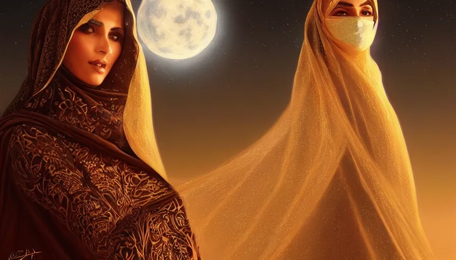 Image similar to Portrait of very very very very very very beautiful Arab woman wearing a Niqab, glowing magical eyes, energy trails, under giant full moon in the desert, intricate, elegant, highly detailed, digital painting, artstation, concept art, smooth, sharp focus, illustration, art by artgerm and greg rutkowski and alphonse mucha