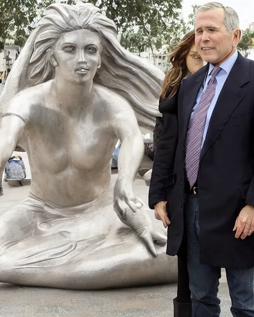 Image similar to Actress Eliza Dushku gets her picture taken in front of the waving George w. Bush statue in Fushë Kruje's main square during a trip to Albania, photographed in the style of National Geographic