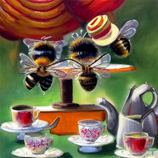 Prompt: bees wearing hats, having a tea party, oil painting