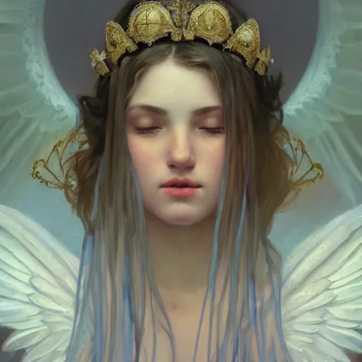 Image similar to Portrait of a beautiful young graceful female holy angel， full of details, matte painting, concept art, smooth, by Jordan Grimmer and alphonse mucha and WLOP，Soft light atmosphere，trending on cgsociety and artstation，8kHDR，light effect，rtx on，-H 768
