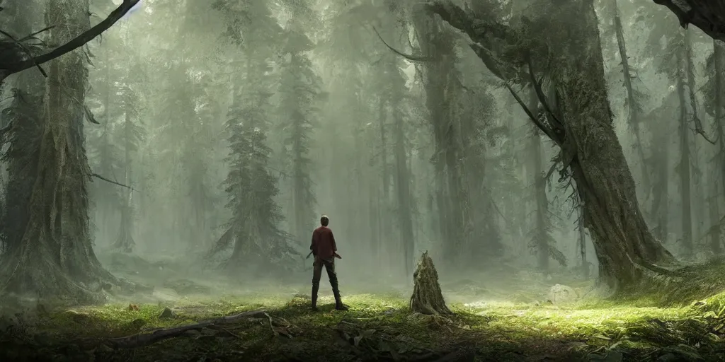 Prompt: a man standing in the middle of a forest, a detailed stunning matte painting, cgsociety, fantasy art, cryengine, matte painting, reimagined by industrial light and magic