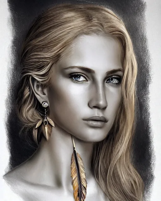 Prompt: pencil sketch of beautiful greek goddess aphrodite with arrowhead earrings and beautiful feather jewelry, beautiful piercing eyes, beautiful blonde hair, hyper realistic face, in the style of greg rutkowski, fantasy, amazing detail, epic, elegant, smooth, sharp focus, from the front