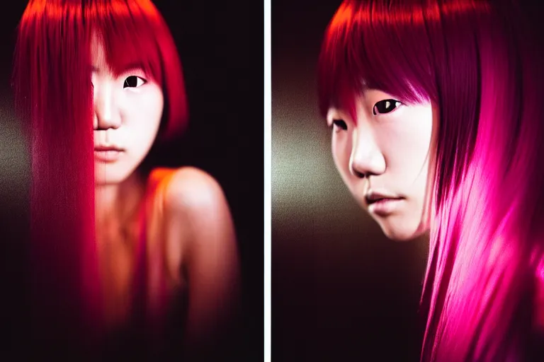 Image similar to photography masterpiece by haruto hoshi and yang seung woo, flash photography, portrait of a young japanese woman with dyed hair sitting in a in a kyabakura night club, shot on a canon 5 d mark iii with a 3 5 mm lens aperture f / 5. 6, dslr, hd, full res, 4 k