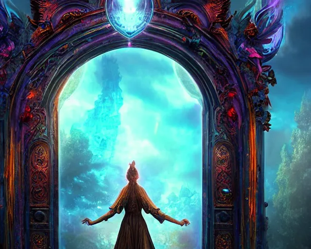 Image similar to magic portal gate, transparent background with a picture of the afterlife, ultra wide shot, lush colors, in the style of greg rutkowski and hans zatzka, digital art, sharp focus, highly realistic, exquisite ornate metal gothic icon heavy patina, delicate, enchanting, otherworldly, ethereal, mythology, mystical