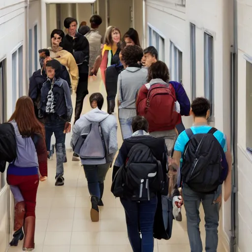 Prompt: photo of university students walking in a hallway beside stairs