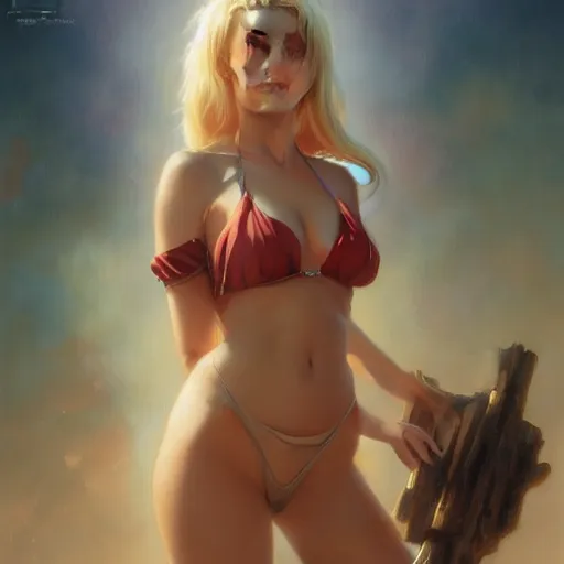 Image similar to A beautiful oil painting of a pretty anime girl Margot Robbie in bikini, by Lucas Graciano, Frank Frazetta, Greg Rutkowski, Boris Vallejo, epic, fantasy, character art, high fantasy