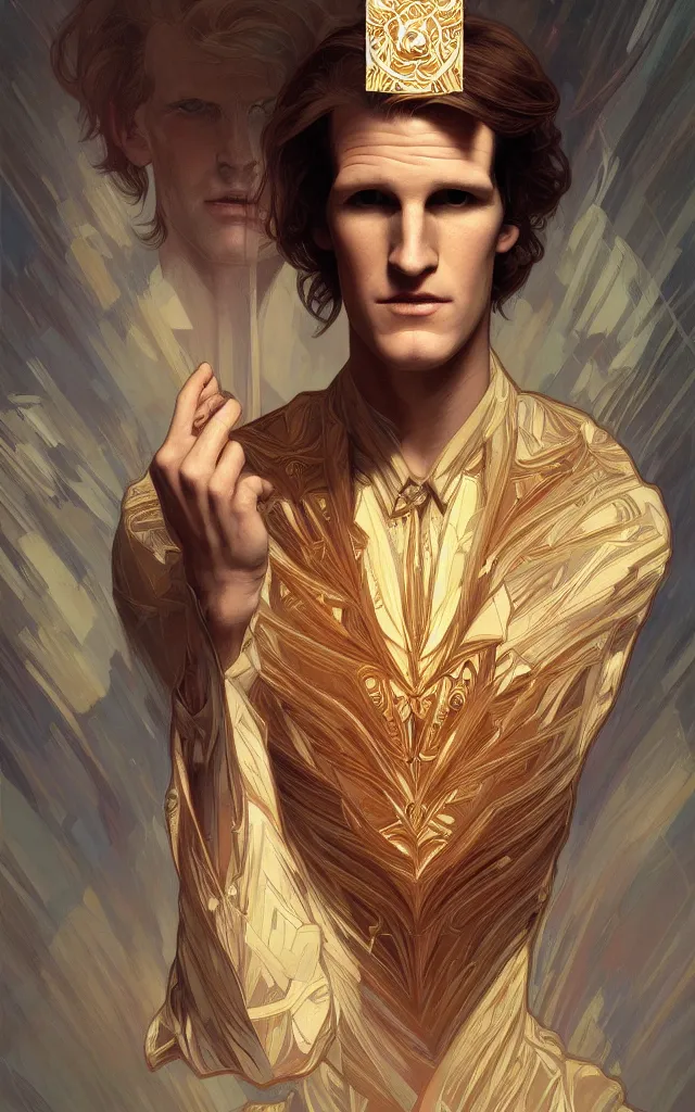 Image similar to symmetry portrait of matt smith, intricate, elegant, highly detailed, digital painting, artstation, concept art, smooth, sharp focus, illustration, art by artgerm and greg rutkowski and alphonse mucha