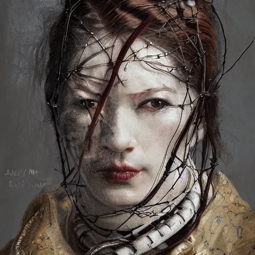 Image similar to portrait of a Shibari barbed wire wrapped face and neck, headshot, insanely nice professional hair style, dramatic hair color, digital painting, of a old 17th century, old cyborg merchant, amber jewels, baroque, ornate clothing, scifi, realistic, hyperdetailed, chiaroscuro, concept art, art by Franz Hals and Jon Foster and Ayami Kojima and Amano and Karol Bak,