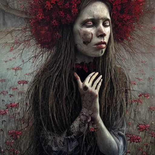 Prompt: a hyperrealistic painting of a beautiful gothic princess crying tears of blood, by Andrea Kowch, vivid color, highly detailed,