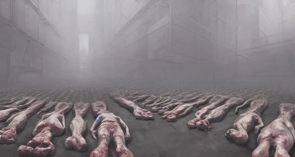 Image similar to illustration of rows of limp human bodies on display in a cold warehouse, refrigerated storage facility, rolling fog, greg rutkowski, cyberpunk, dystopian, dramatic lighting, unreal engine 5, colorful