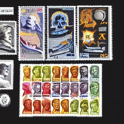 Image similar to stamps from a alternate dimension, stamp collection, eerie