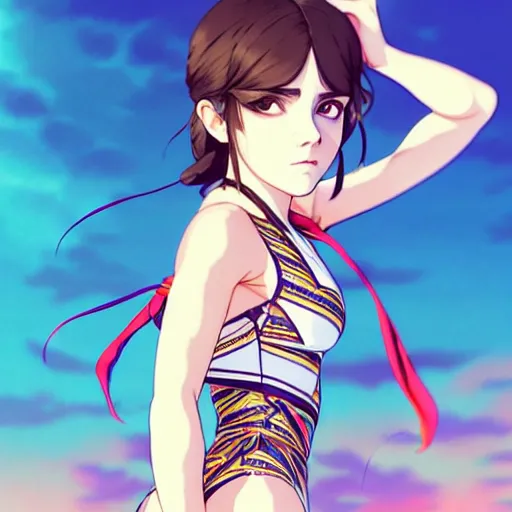 Image similar to a beautiful boyish emma watson alluring instagram model, wearing elaborate japanese hiphop leotard outfit with mayan pattern and native fashion, aztec street fashion bathing suit, jrpg fashion, gapmoe yandere grimdark, trending on pixiv fanbox, painted by greg rutkowski makoto shinkai takashi takeuchi studio ghibli, akihiko yoshida