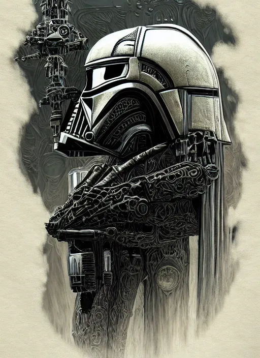 Prompt: side shot of platonic ideal stormtrooper, malignant dieselpunk and god complex dementor wild hunt chtulu nazgul mandelbulb fantasy, ego death, detailed, darth vader, intricate, volumetric lighting, hyperrealism, intense, scary, decay, artgerm, davinci, ralph mcquarrie, alphonse mucha, empire symbol,