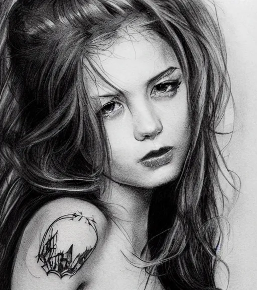 Image similar to tattoo design sketch of a beautiful girl portrait in front of a faded mountain background, in the style of den yakovlev, black and white, realism tattoo, hyper realistic, highly detailed