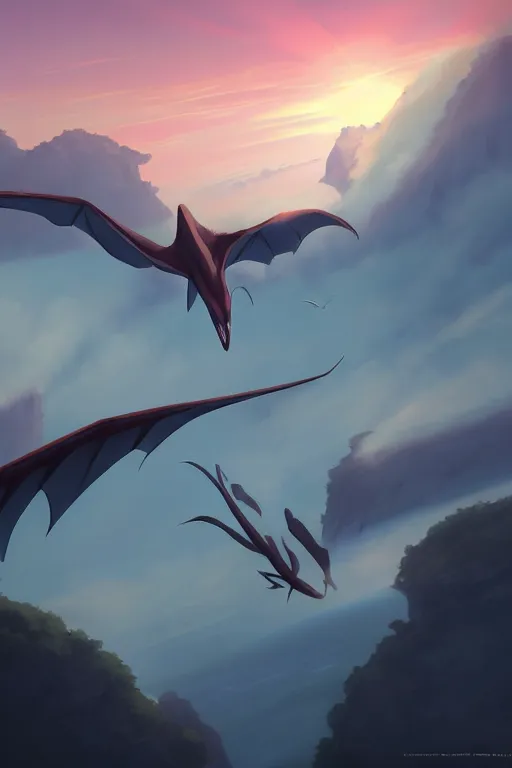 Prompt: a large pterosaur creature hybrid kaiju, large fangs and a long beak, stepping out of the fog high in the sky near a small cliff, sunset, backlit, by makoto shinkai an krenz cushart