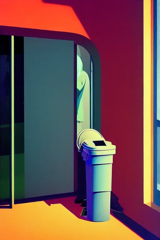 Image similar to the trashcan is actually a person wearing oculus and digital glitch head edward hopper and james gilleard zdzislaw beksisnski higly detailed