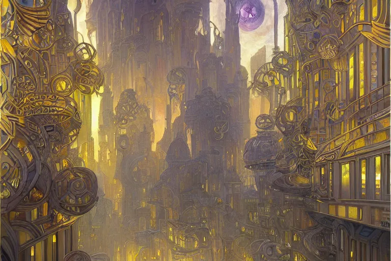 Image similar to beautiful painting of an art moderne city, glowing windows. reflective detailed textures, moth wings and flowering vines and wroght iron, highly detailed dark fantasy science fiction painting by donato giancola and peter mohrbacher and nicholas roerich and diego rivera, elaborate geometric ornament, ancient runes, silver and cool colors. artstation