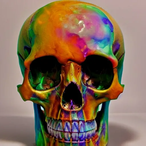Image similar to human skull, trippy, glitch, psychedelic, melting wax,
