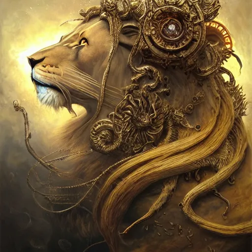 Image similar to a beautiful detailed 3 d matte portrait of a alchemist lion, by ellen jewett, by tomasz alen kopera, by justin gerard, ominous, magical realism, texture, intricate, skull, skeleton, gold coins, money, whirling smoke, alchemist bottles, radiant colors, fantasy, volumetric lighting, high details