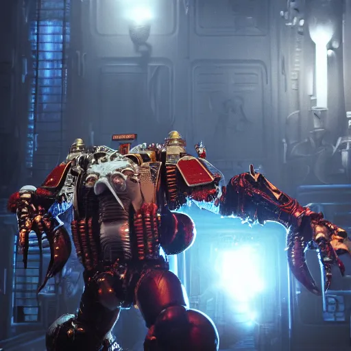 Image similar to donald j trump in a space hulk from warhammer 4 0 k darktide : : octane render, unreal engine 5, cinematic lighting