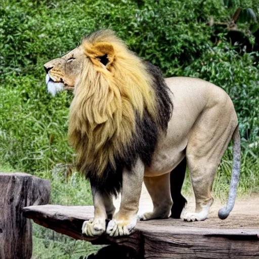 Prompt: lion roaring at the zoo wearing a hat