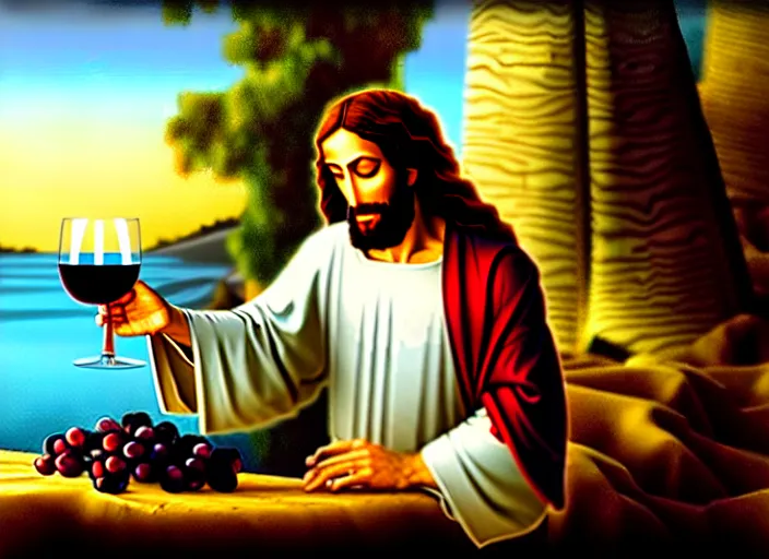 Image similar to Jesus Christ being caught making wine from water, candid photo, telephoto lens, from distance, magic trick