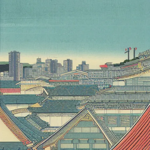 Prompt: ukiyo - e painting of the skyline of singapore public housing