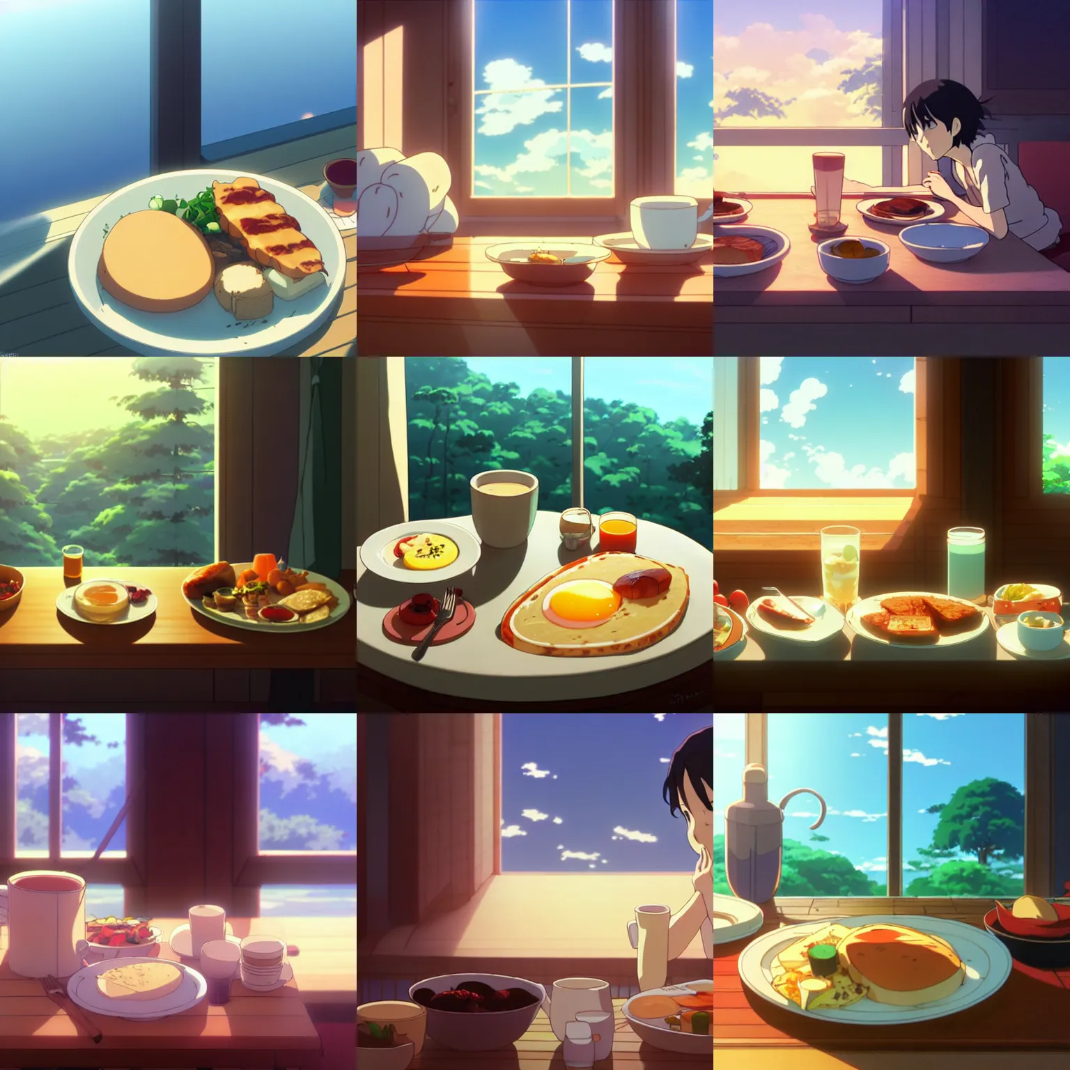 Prompt: hearty breakfast, no people, photo, a close - up, digital art, illustrations, by makoto shinkai and studio ghibli