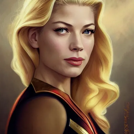 Image similar to A combination of Katheryn Winnick's and Grace Kelly's and Kristin Kreuk's faces with blonde hair as Captain Marvel, western, D&D, fantasy, intricate, elegant, highly detailed, digital painting, artstation, concept art, matte, sharp focus, illustration, art by Artgerm and Greg Rutkowski and Alphonse Mucha