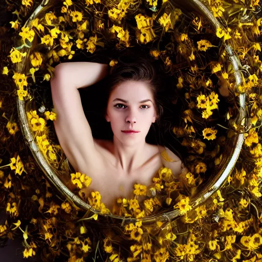 Image similar to photorealistic digital portrait of cute girl model, hair of flowers, in a gold bathtub full of flowers, natural lighting, 5 0 mm still image, artistic, award winning, elegant, by annie leibovitz,