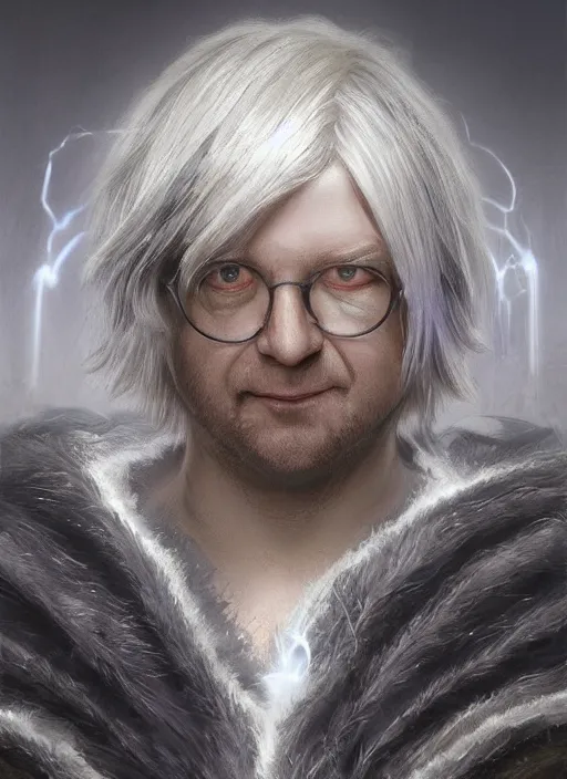 Image similar to Portrait of Kevin Rudd, white glowing eyes, silver shaggy hair, cloak, ethereal wings, male, fantasy, extremely detailed, digital painting, artstation, concept art, smooth, sharp focus, illustration, stunning lighting, art by artgerm and greg rutkowski and alphonse mucha and simon stalenhag, realistic character concept, high fantasy, light atmosphere, golden ratio, cinematic lighting, hyperdetailed, high resolution, insanely detailed and intricate, artstation, Marc Simonetti, Greg Rutkowski, 8k