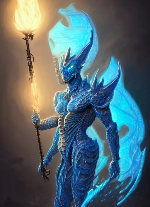 Image similar to muscular and tall blue ghostly fire humanoid dragon!!!! draconian!! intricate ornate iridescent heavy armor!! character concept art, sharp focus, octane render! unreal engine 5! highly rendered!! trending on artstation!! detailed linework!! illustration by artgerm, wlop, and chie yoshii